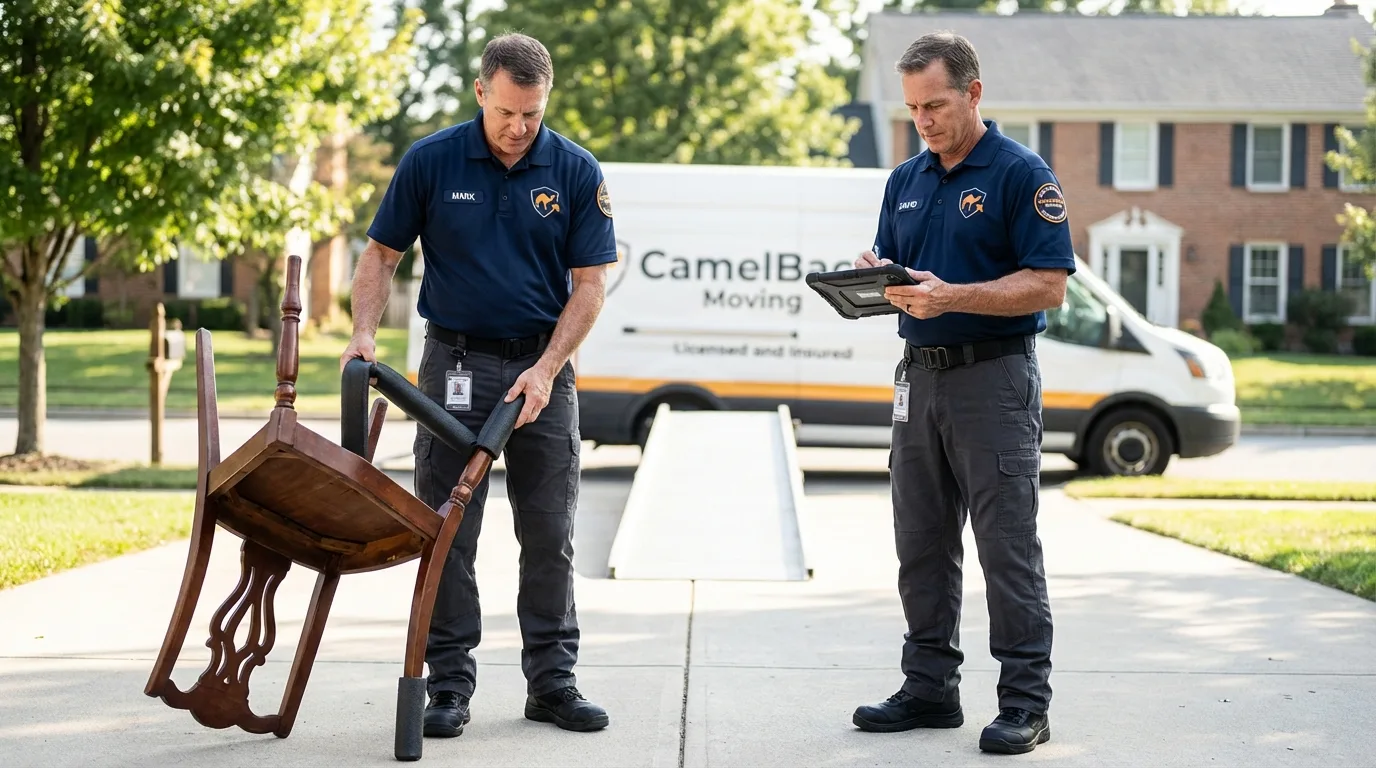 Movers inspecting furniture for damage prevention before loading in Indian Rocks Beach, FL