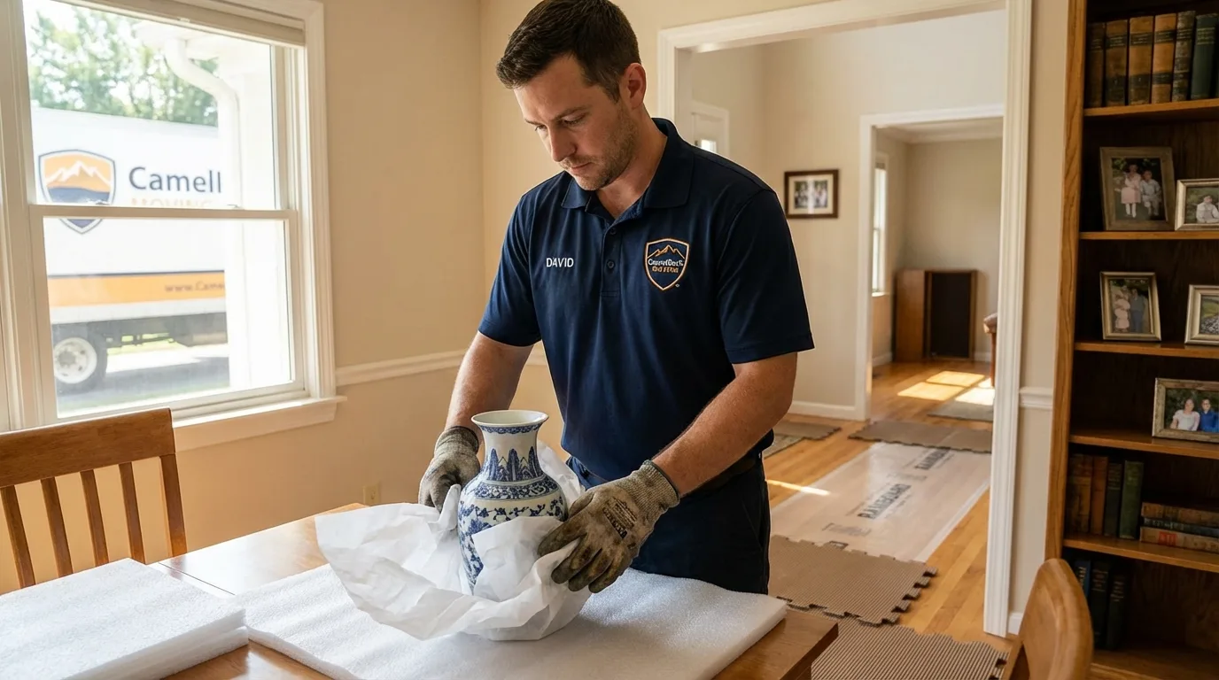 Professional crew carefully wrapping antique vase for senior downsizing move in Indian Rocks Beach, FL